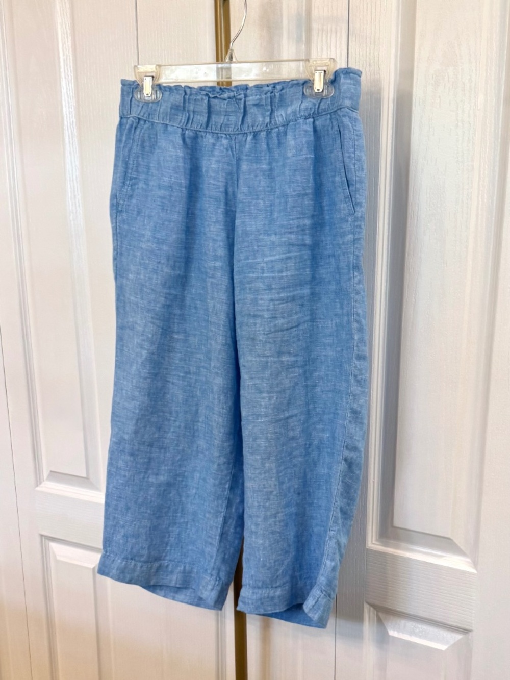Women's Size S/P Talbots 100% Linen Capri's, Sky Blue, Pockets, Elastic Waist